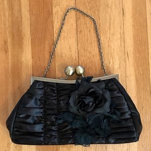 Black Satin Clutch with Gold Clasp and Lace Rose
